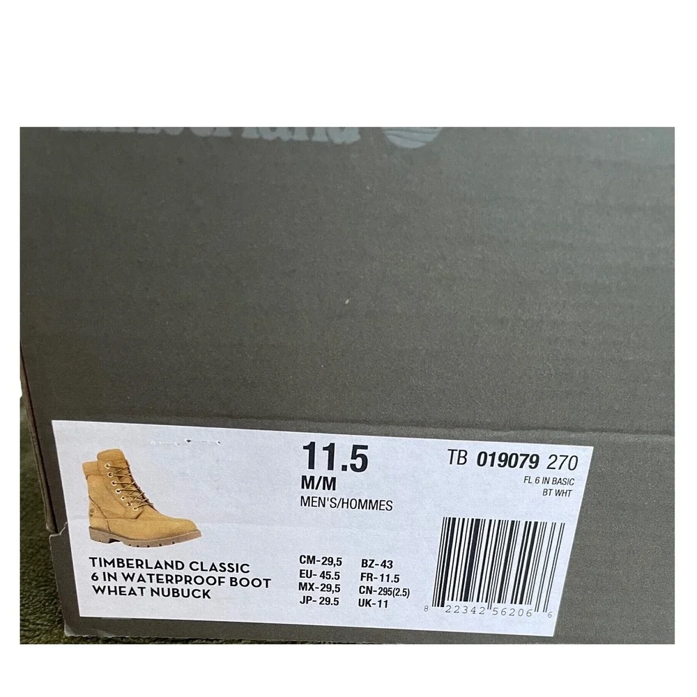 Timberland 019079 Classic 6 Inch Waterproof Boot Wheat Nubuck Mens 11.5 Box